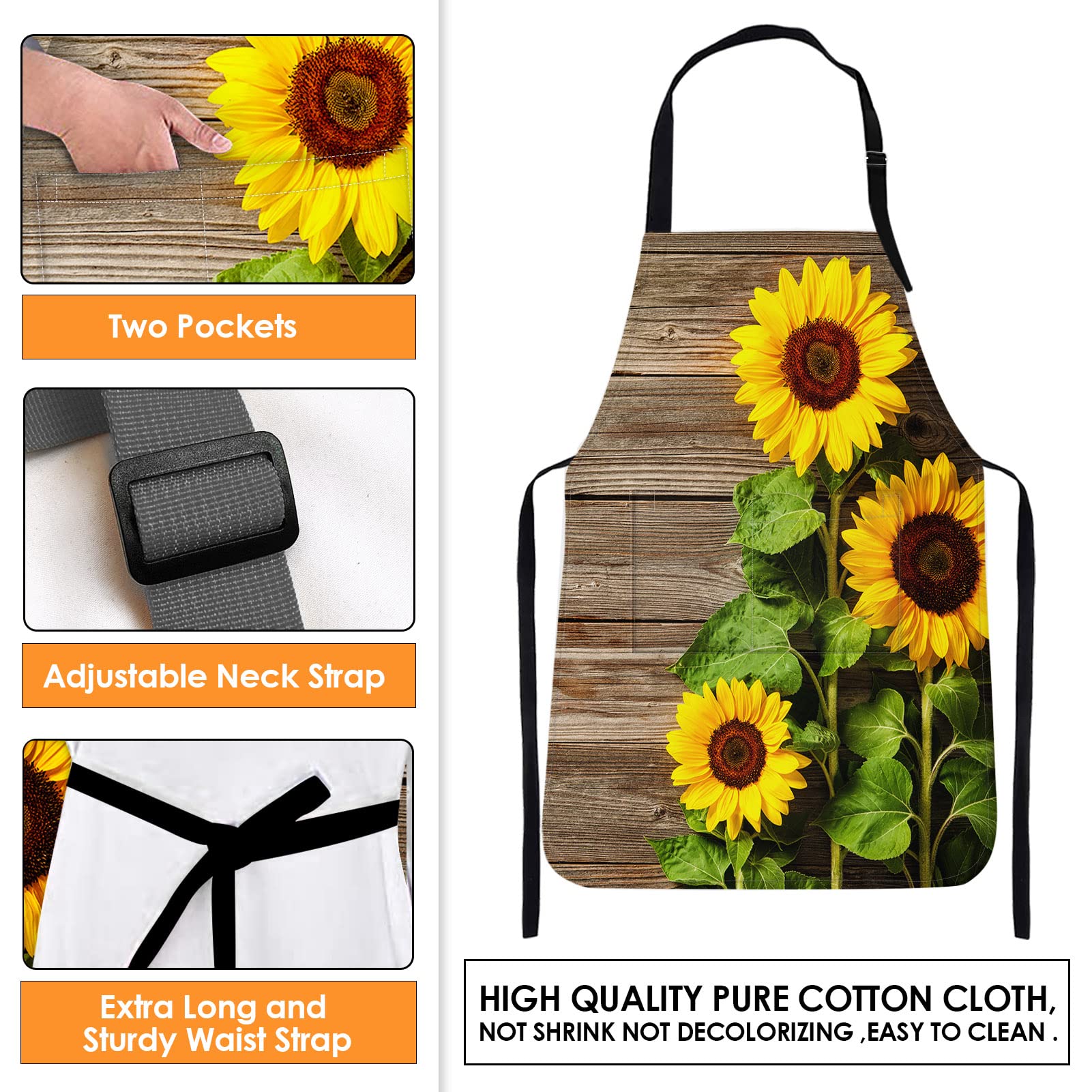 Britimes Apron Home Kitchen Cooking Baking Gardening for Women Men with Pockets Autumn Sunflowers Wooden Board Flower 32x28 inch